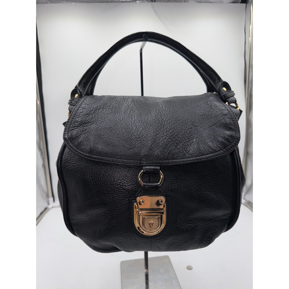 Presa Black Pebbled Leather Satchel Handbag Gold Push Lock Top Handle Bag